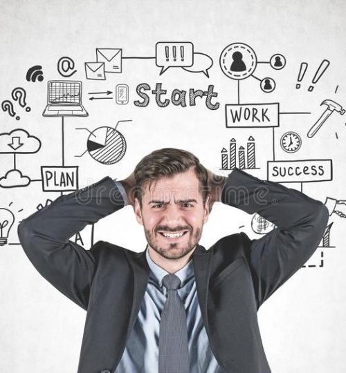 stressed-businessman-near-startup-sketch-portrait-young-suit-standing-clenched-teeth-painful-expression-concrete-140731764